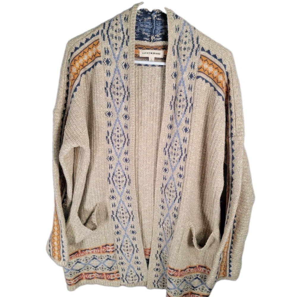 Lucky Brand Boho Southwestern Fair Isle Cardigan Open Front Knit Coatigan L